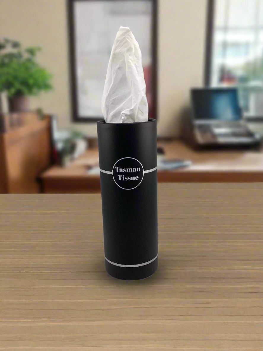 Paper tissue in black silver cylindrical container for desk and car